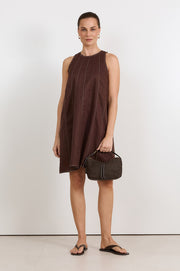 Jolie Contrast Stitch Linen Short Dress (Chocolate)