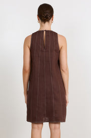 Jolie Contrast Stitch Linen Short Dress (Chocolate)