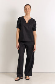 Harrie Pleated Linen Top (Black)