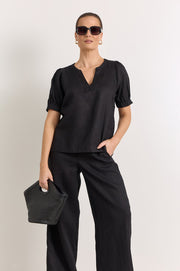 Harrie Pleated Linen Top (Black)