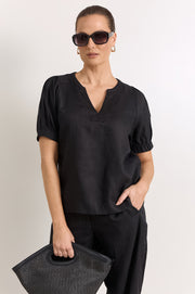 Harrie Pleated Linen Top (Black)