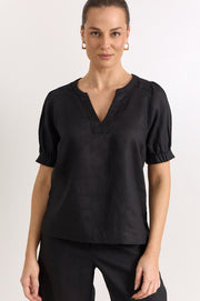Harrie Pleated Linen Top (Black)