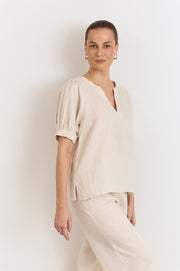 Harrie Pleated Linen Top (Stone)