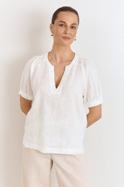 Harrie Pleated Linen Top (White)