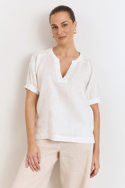 Harrie Pleated Linen Top (White)