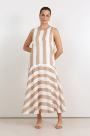 Joss Ramie Stripe Midi Dress (Mocha/White)