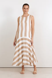Joss Ramie Stripe Midi Dress (Mocha/White)
