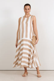 Joss Ramie Stripe Midi Dress (Mocha/White)