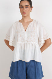 Loren Embroidered Lightweight Linen Top (White)