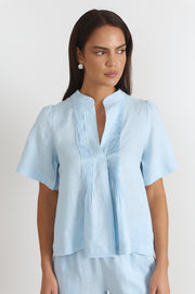 Percy Pleated Linen Top (Blue)