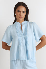 Percy Pleated Linen Top (Blue)