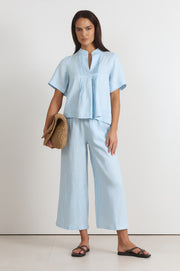 Percy Pleated Linen Top (Blue)