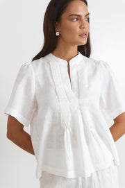 Percy Pleated Linen Top (White)