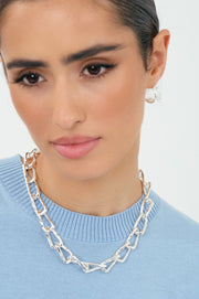 Beaten Rectangle Link Short Necklace (Silver)