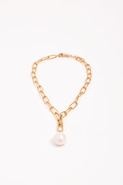Rectangle Link Baroque Pearl Drop Necklace (Gold)