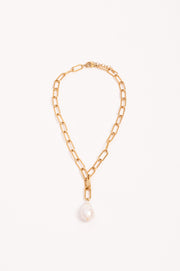 Rectangle Link Baroque Pearl Drop Necklace (Gold)