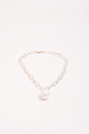 Rectangle Link Baroque Pearl Drop Necklace (Silver)
