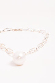 Rectangle Link Baroque Pearl Drop Necklace (Silver)