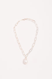 Rectangle Link Baroque Pearl Drop Necklace (Silver)