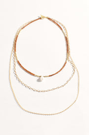 Layered Bead Pearl and Chain Necklace (Tan)
