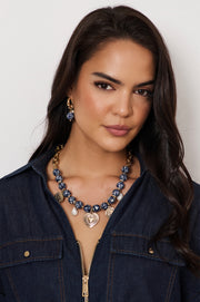 Patterned Porcelain Bead Charm Necklace (Blue)