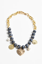 Patterned Porcelain Bead Charm Necklace (Blue)