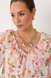 Stone and Pearl Mix Statement Necklace (Multi)