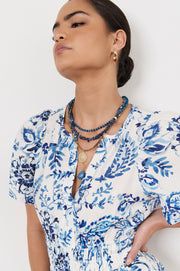 Layered Stone Bead and Coin Necklace (Blue)