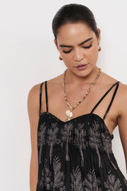 Beaded Shell Cluster Drop Necklace (Camel/White)