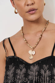 Beaded Shell Cluster Drop Necklace (Camel/White)