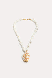 Shell Drop Stone Beaded Necklace (White/Camel)
