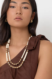 Double Row Stone and Timber Bead Necklace (Choc/Cream)