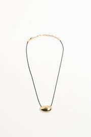 Oval Pendant Short Leather Necklace (Black/Gold)