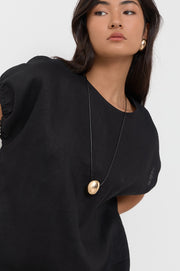 Oval Pendant Adjustable Leather Necklace (Black/Gold)