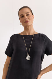 Metal Pendant Drop Cord Necklace (Camel/Silver)