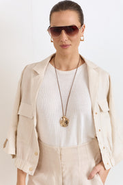 Metal Pendant Drop Cord Necklace (Tan/Gold)