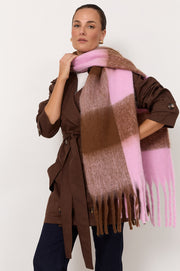 Check Pattern Fringe Edge Scarf (Pink/Chocolate)