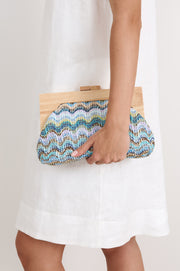 Jesse Woven Timber Frame Clutch (Blue Multi)