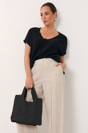Lanie Raffia Weave Mini Tote (Black)
