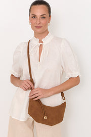 Curved Panel Faux Suede Bag (Tan)