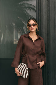 Lenni Drawstring Linen Top (Chocolate)