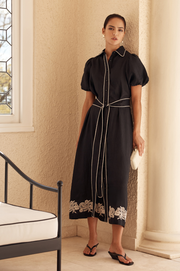 Sarafina Embroidered Linen Dress (Black)
