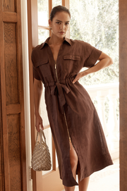 Theodore Linen Midi Dress (Chocolate)